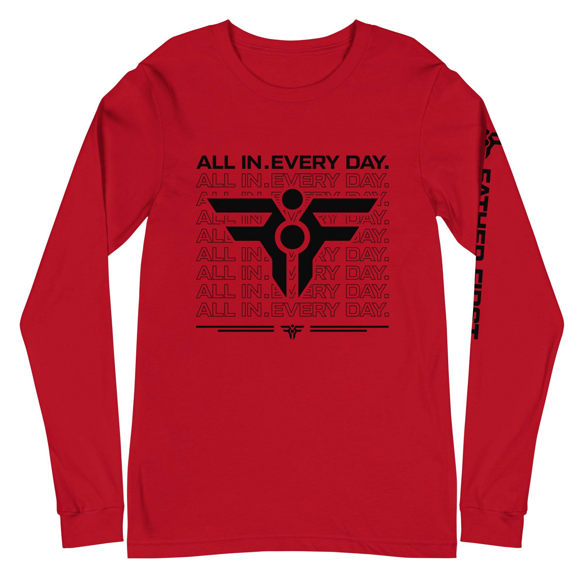 ALL IN. EVERY DAY. Long-Sleeve Tee in Red. FatherFirst Drop 1.